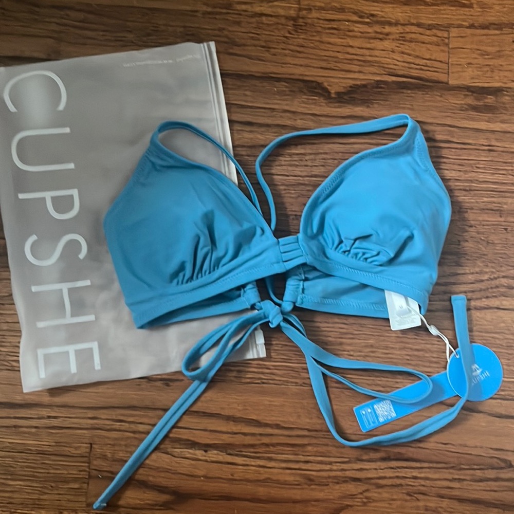Cupshe New Peyton Hollow Cut Criss Cross Back Tie Bikini top blue medium